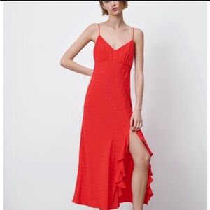 ZARA NEW JACQUARD DOTTED SLIP DRESS RUFFLE TRIM RED - Tailored to a Medium fit